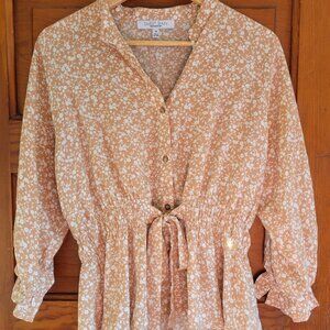 Tan & White Floral 3/4 Sleeve Blouse Sweet Rain Sz M